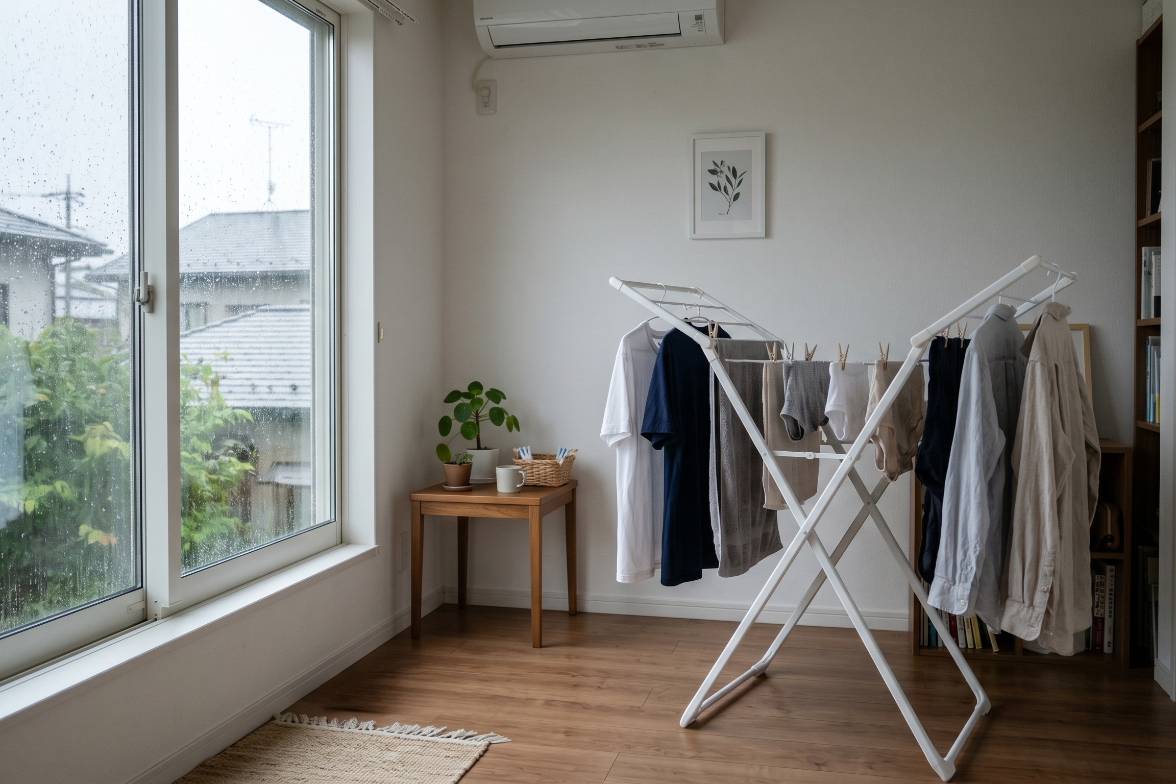 梅雨どきの室内干し。乾ききらない洗濯物と、少し憂うつな日常のワンシーン