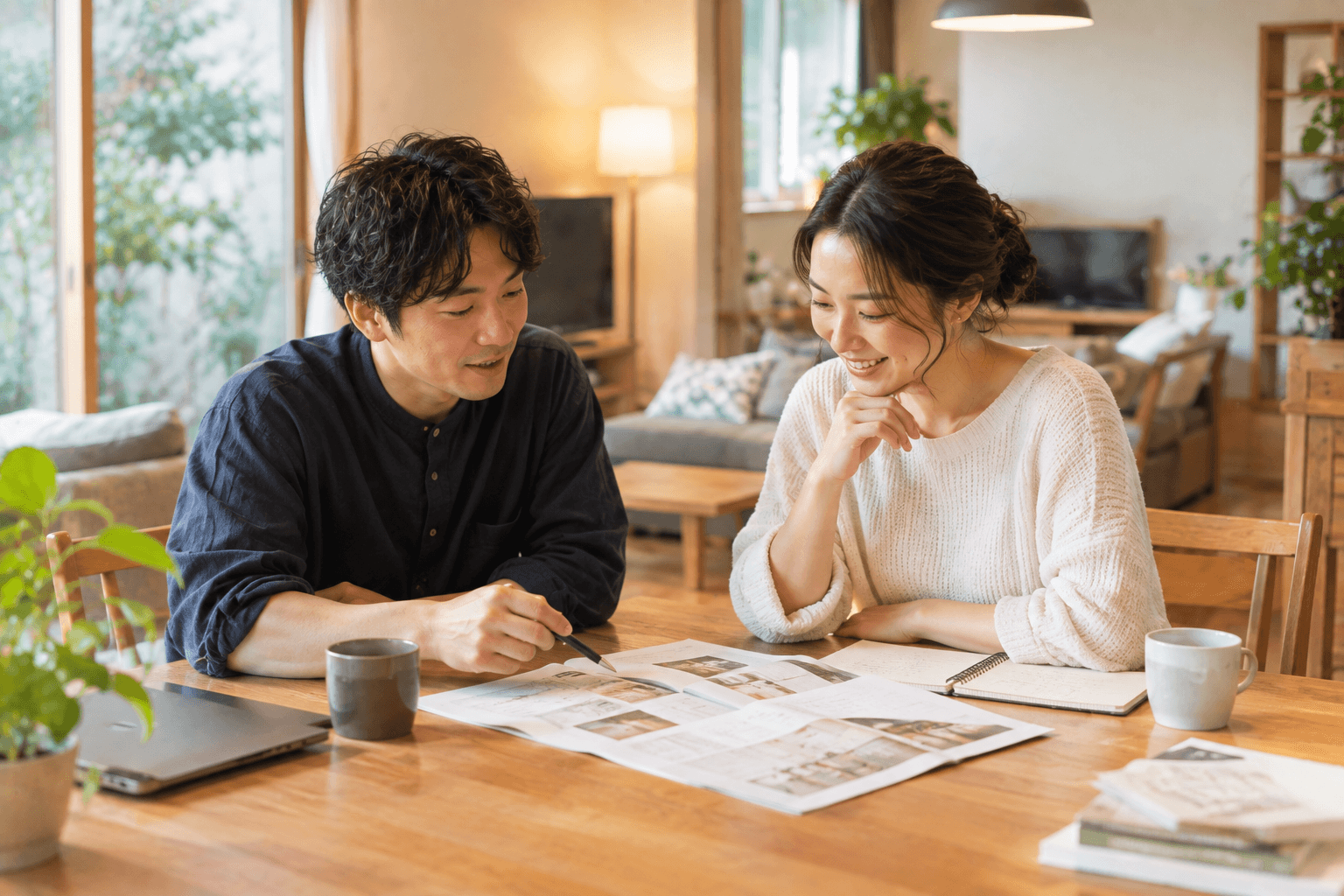 リビングでノートや資料を広げて住まいの計画を話し合うご夫婦