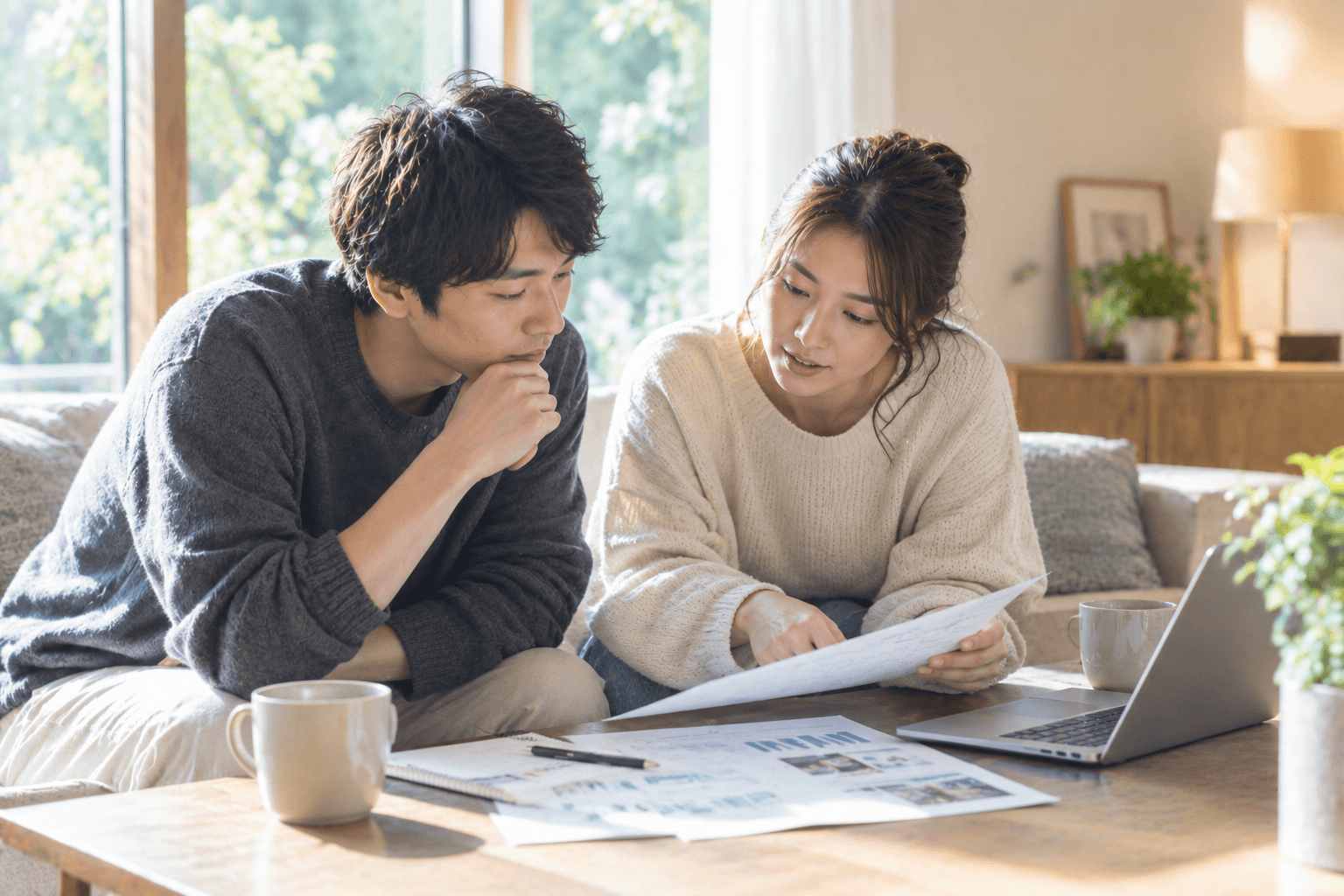 窓辺で資料を見ながら静かに話し合うご夫婦