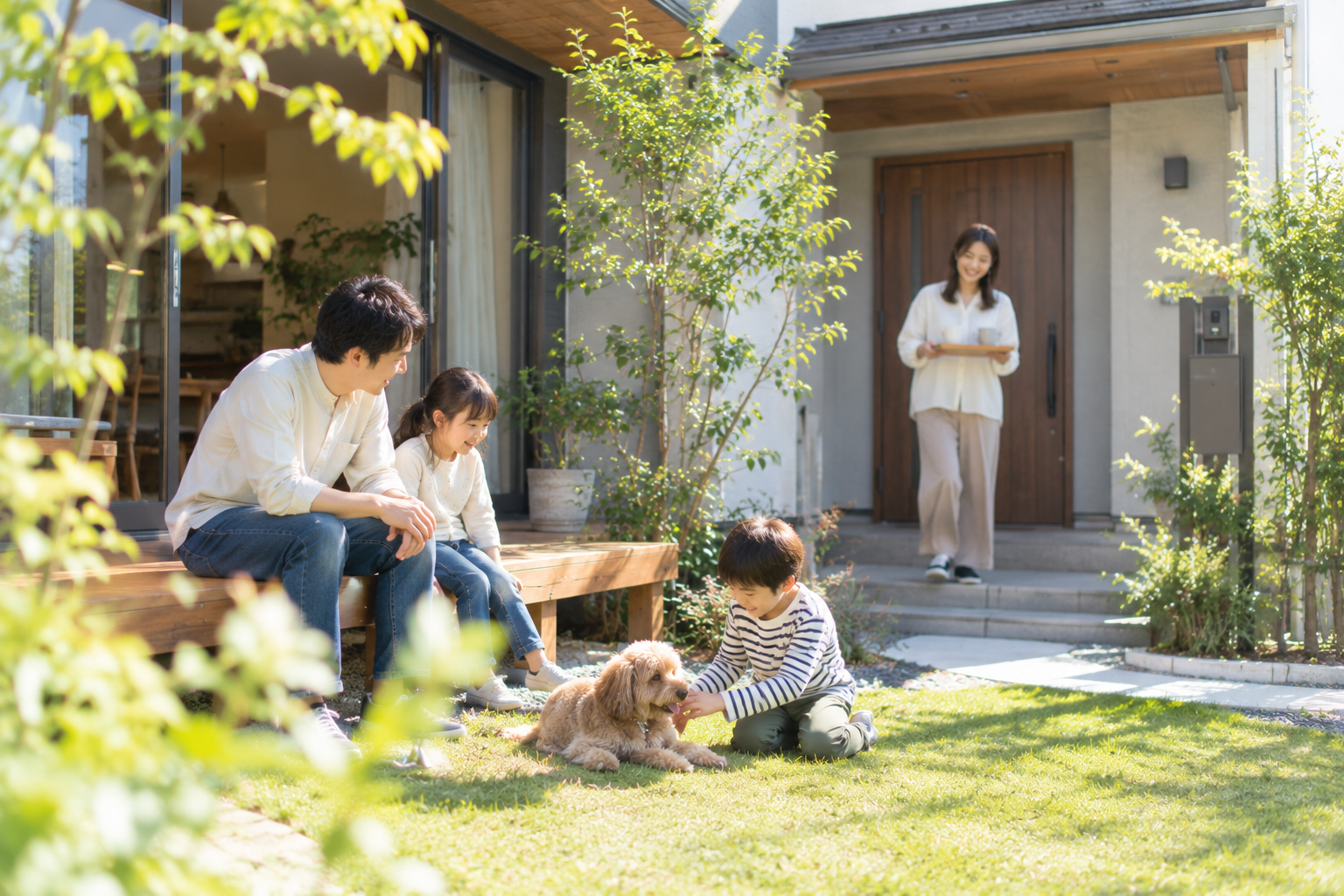完成した住まいの庭や玄関まわりで家族が過ごす様子
